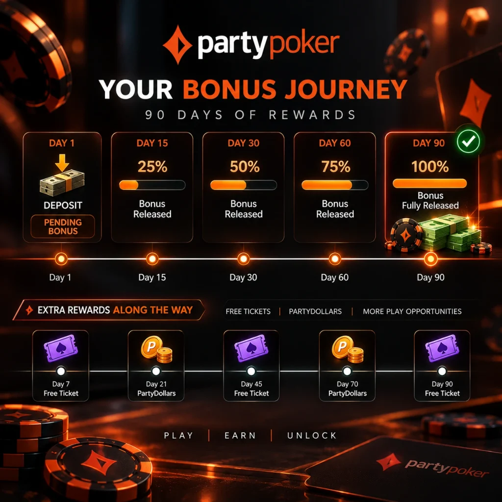 PartyPoker 90-day bonus journey showing deposit, progressive bonus release, free tickets, PartyDollars, and reward milestones