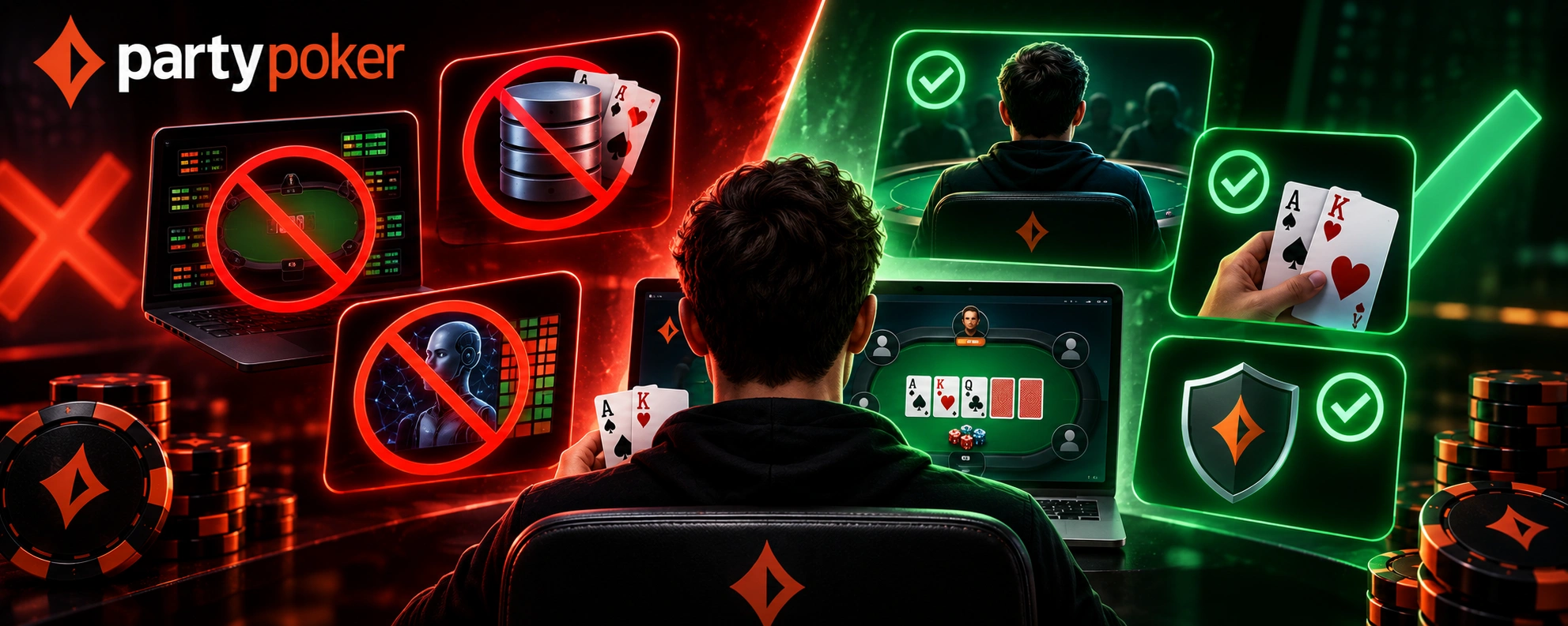 PartyPoker fair play policy showing prohibited HUD, database and real-time solver tools alongside allowed player decisions and hand history protection