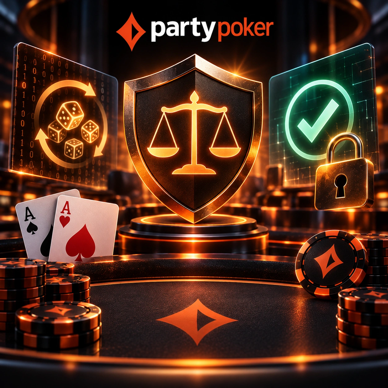 PartyPoker fairness with a balance scale, security shield, randomization, verification checkmark, and poker cards