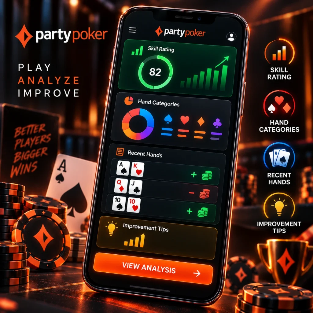 PartyPoker mobile poker hand analysis screen with skill rating, hand categories, recent hands, improvement tips, and detailed analysis
