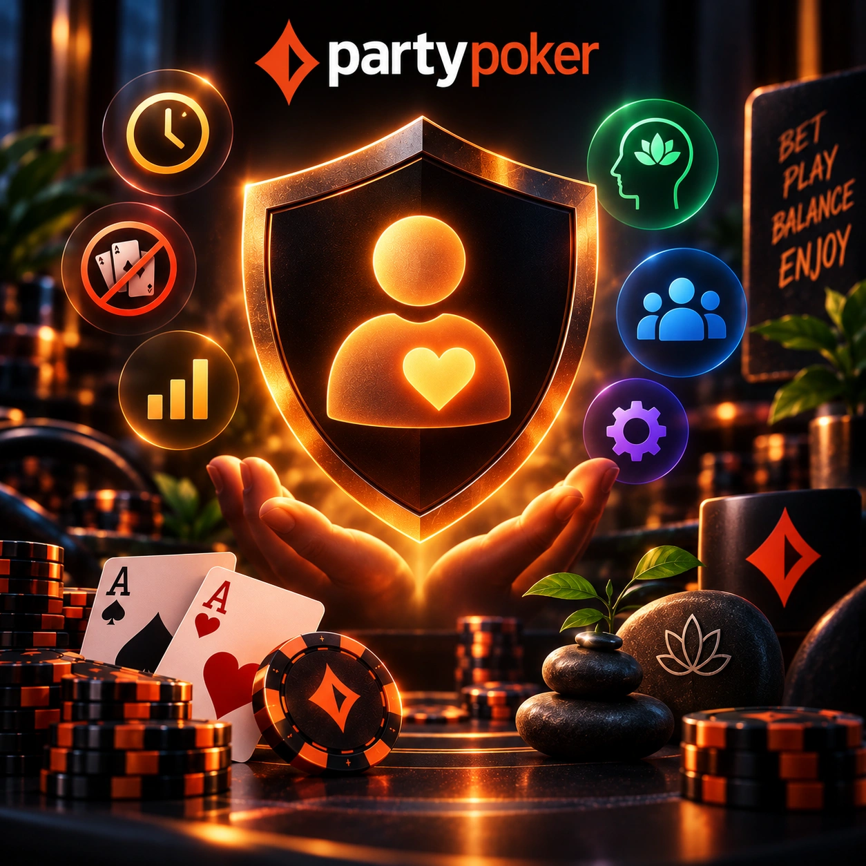 PartyPoker responsible gaming with a protective shield, balance icons, poker cards, and chips