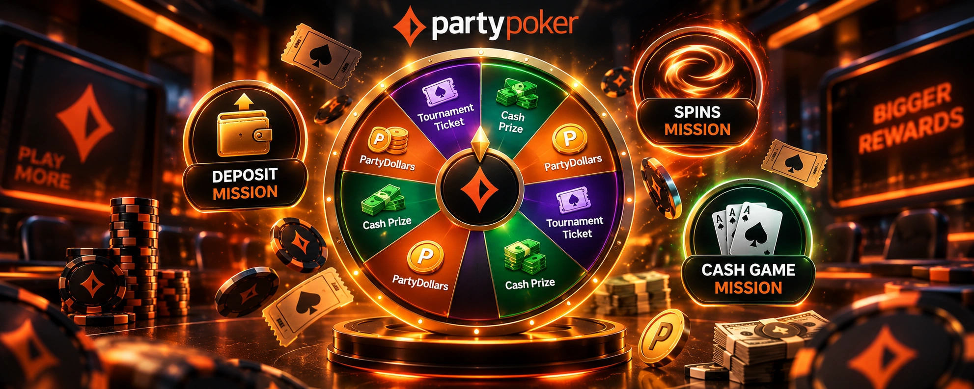 PartyPoker spin and win wheel with PartyDollars, tournament tickets, cash prizes, and poker missions
